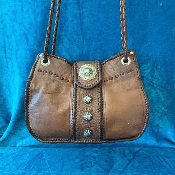 Southwestern Handmade Leather Shoulder Bag by Four Winds West - Conchos Pockets - Picture 1 of 12
